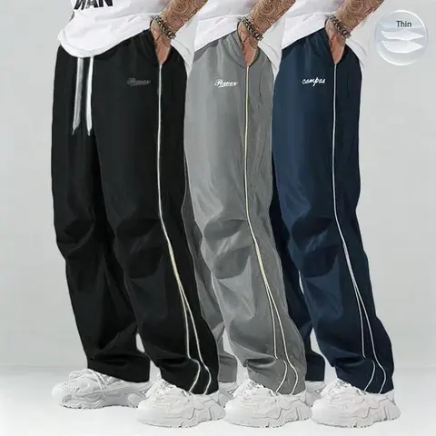 Father’s Day Gift Men’s Spring/Autumn Pants Set (1–3 pieces) | Lightweight & Soft | Side Gold Stripes | Loose Straight Fit | Street Style / Fitness / Casual Vibe | Black/Gray + Multiple Colors