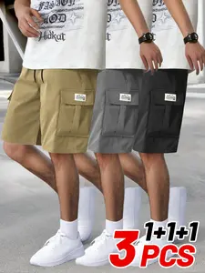 Men’s cargo shorts, set of 3, featuring multiple practical pockets; non-stretch fabric suitable for everyday wear, office, and outdoor activities; casual yet smart-looking design; easy care construction; sturdy build; functional pockets—perfect for daily
