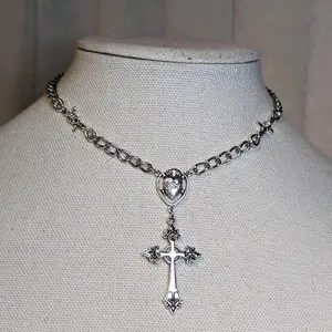 Rosary Style Barbed Wire Heart, Cross, and Barbed Wire Accents Chain Choker Necklace