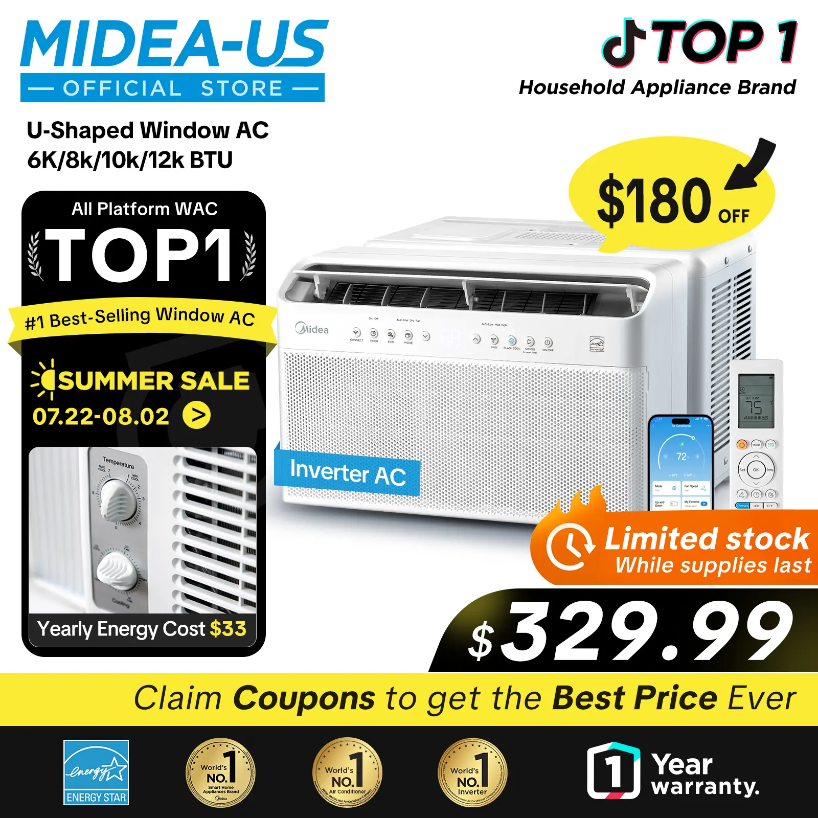 Midea 6K/8K/10K/12K BTU U Shaped Smart Inverter New Window Air Conditioner,  2026 version AC, Cools up to 450 Sq. Ft.,Ultra Quiet with Open Window Flexibility, Works with Alexa/Google Assistant, 35% Energy Savings, Remote Control