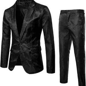 Men’s Lightweight Jacquard Two-Piece Suit Set — 1-Button Party/Wedding Tuxedo Jacket and Pants, Casual Slim Fit, Formal Business-Casual Outfits, Long-Sleeve Men’s Business-Casual Attire