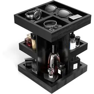 Wooden Cologne Organizer for Men: 3 Tier Perfume Display Stand with 360 Degree Rotating for Desk & Nightstand - Large Capacity Cologne Shelf Organizer for Mens Gift (Black)