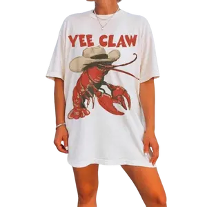 Cowboy Crawfish Vintage Oversized Graphic T-Shirt Beachwear Summer Vacation Western Style Funny Lobster Tee Casual Streetwear Coastal Aesthetic Soft Trendy Outfit Women Holiday Fashion Cute Graphic Tee Comfortable Loose Fit GGN