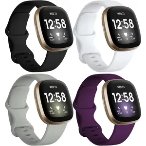 4 Pack Bands Compatible with  Versa 3 / Sense, Soft TPU  Strap Replacement Smartwatch Wristband for Women Men Colorfull Accessories, Large, Black White Gray Modena
