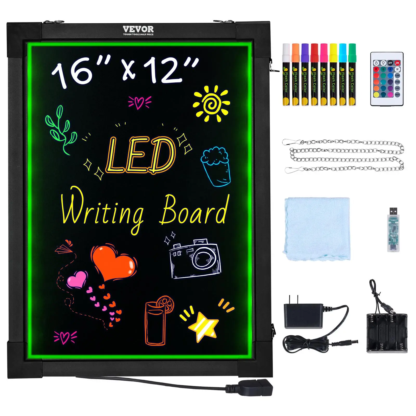 【summerfinds】VEVOR LED Message Writing Board, 16"x12" Illuminated Erasable Lighted Chalkboard, Neon Effect Menu Sign Board, Drawing Board with 8 Fluorescent Chalk Markers and Remote Control, for Home Wedding Shop