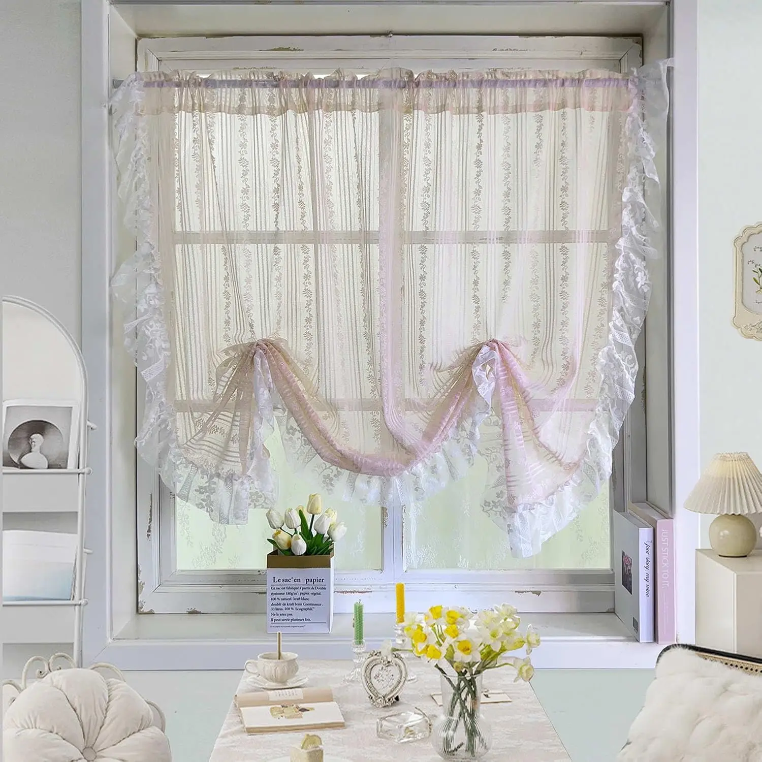 Victorian Pink Floral Embroidered Lace Sheer Curtains with Scallop Ruffle Romantic Light Filtering Flower Window Drapes Tier for Bedroom Princess Cafe Curtains Rod Pocket Top 1 Panel