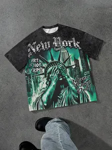 New York Theme Vintage Print T-Shirt, Statue of Liberty Graphic Tee, Casual Fitted Style, Comfortable All Season Wear