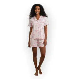 Elegant Bow Print Pajama Set For Women - Comfortable Short Sleeve Button Collar Shirt & Loose Elastic Shorts - Versatile Loungewear for All Seasons - 2 Piece Loungewear Set Casual Nightwear Elegance Shortsleeve Style Womenswear Cute Outdoor Pjs Homewear