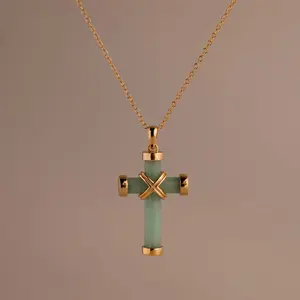 Jade Cross Necklace by Caitlyn Minimalist - Statement Green Gemstone Pendant Necklace in Gold & Silver - Jade Jewelry - Sister Gift