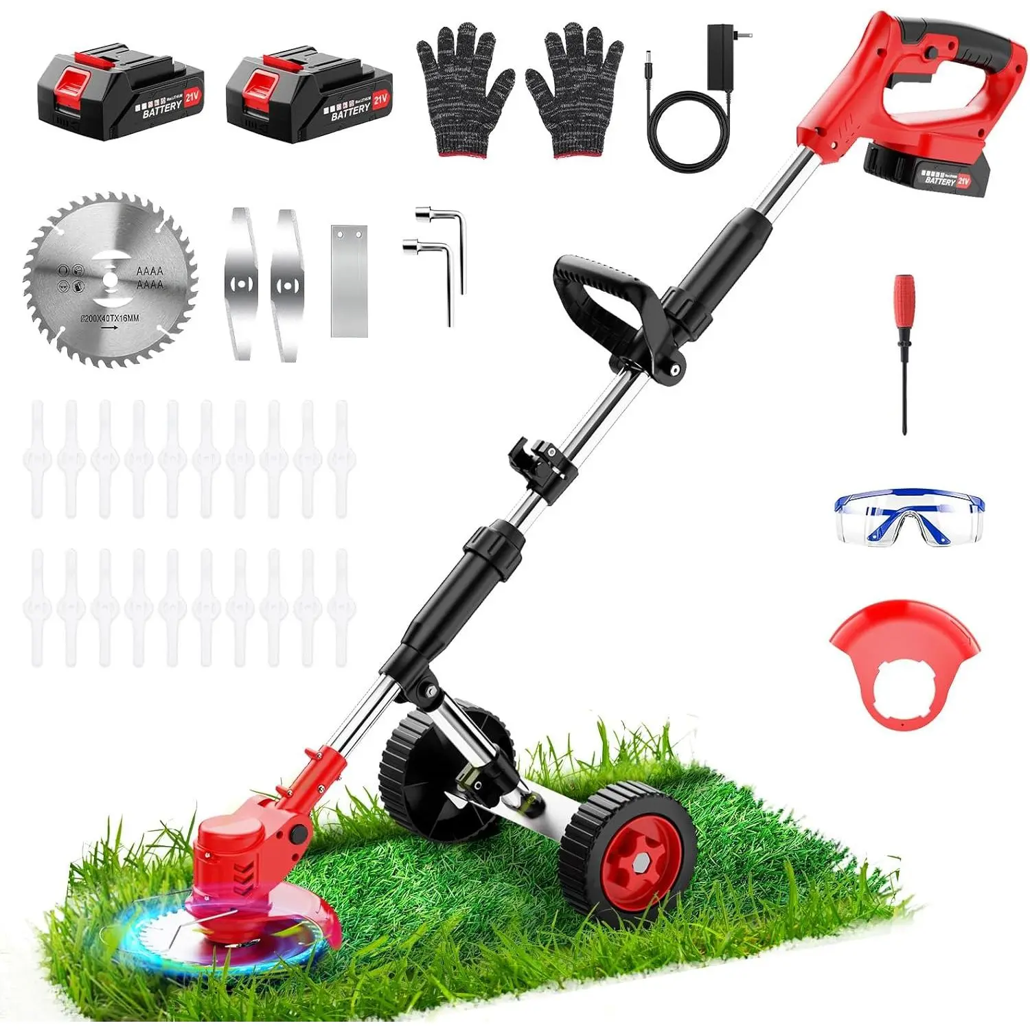 Cordless Electric Weed Wacker with Wheels, 21V 2×2000mAh Battery Powered, 6-inch String Trimmer, Grass Trimmer, Lawn Edger, Mower for Yard and Garden.