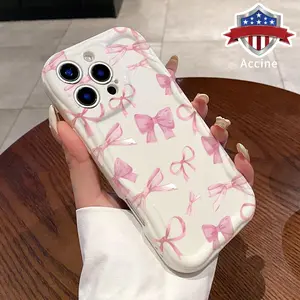 Cream Cute Pink Bow Pattern Curly Wave Frame Phone Case for iPhone 16 15 14 Pro Max 13 12 11 XR XS Plus Shockproof Full Camera Protection Durable Slim Silicone Cover Cellphone Casing
