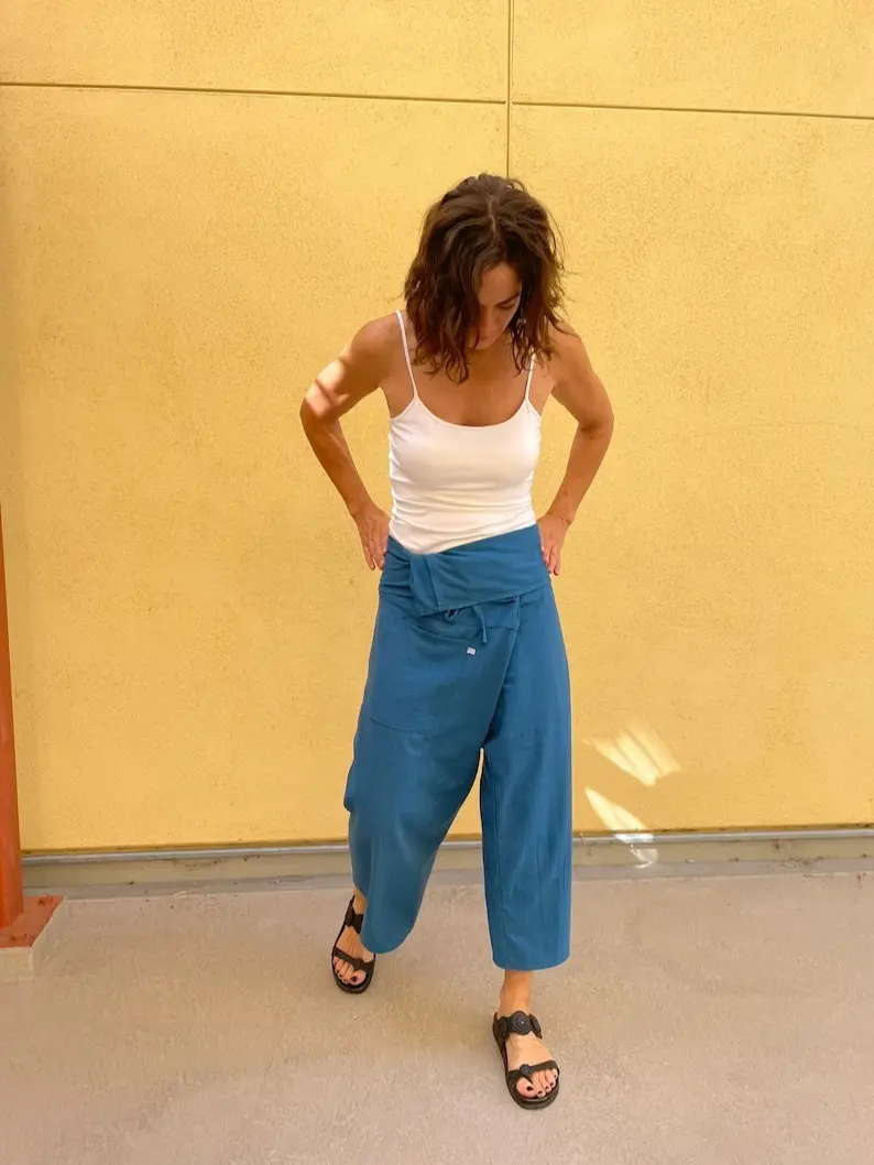 Cotton Thai Fisherman Pants Comfy Wrap Style Unisex for Men and Women Midi Length Comfortable Everyday Wear