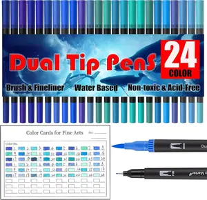Blue Double Tip Brush Pens Art Markers,24 Colored Artist Fine Brush Pen Coloring Markers for Adult Book Drawing Art Craft Kit