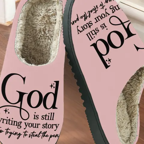 Faith Theme Text Printed Cotton Warm House Slippers, Soft Healing Style, Fuzzy Lined Anti-Slip Thick Rubber Sole, Home Use Men Women Fall Winter Warm Shoes, Footwear, Warm Casual Slippers