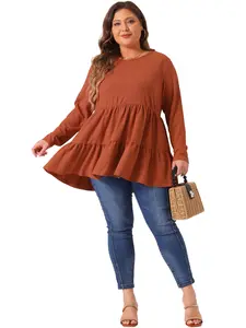 Agnes Orinda Plus Size Babydoll Tops for Women Long Sleeve Crew Neck Casual Loose Peplum Tops Blouses