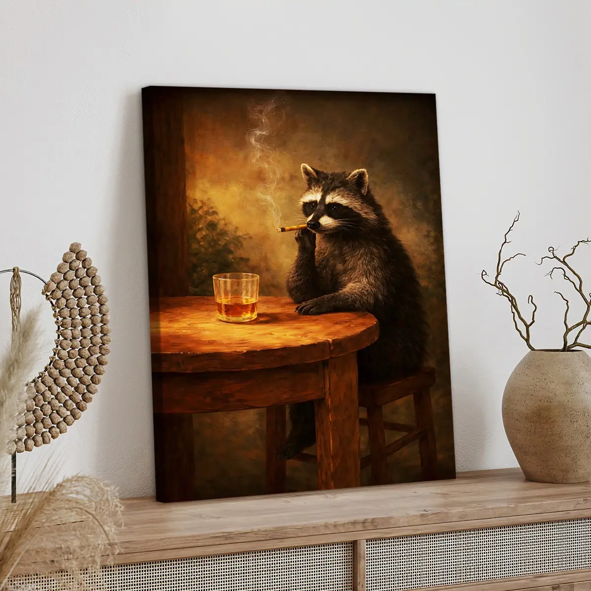 1pc Wooden Framed, Vintage Raccoon Wall Art, Moody Raccoon Canvas Prints, Funny Dark Academia Animal Poster, Classic Oil Painting Style Artwork, Whimsical Above Bed Wall Decor for Living Room Bedroom Office