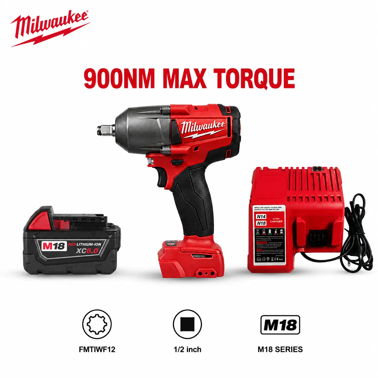Milwaukee 900Nm Cordless Impact Wrench with Battery M18 XC6.0 for ToolTok Asmr Mechanic, Handheld Fastening Power Device Features a 1/2-Inch Friction Ring Designed for Fast Heavy Truck Underchassis Overhauls electric diy