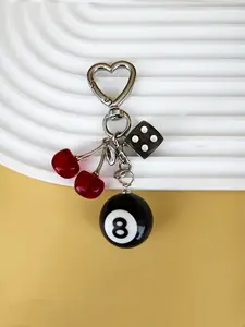 American Retro Y2k Style Black Eight Dice Cherry Pendant, Minimalist Heart Charm, A Combination Of Black Eight Billiard Ball And Cherry Charm, Suitable For Decorating Keys, Bags, Making It A Personalized Accessory For Going Out And Dating
