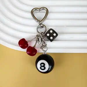 American Retro Y2k Style Black Eight Dice Cherry Pendant, Minimalist Heart Charm, A Combination Of Black Eight Billiard Ball And Cherry Charm, Suitable For Decorating Keys, Bags, Making It A Personalized Accessory For Going Out And Dating