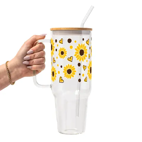 Sunflower Glass Cup & Tumbler with Lid & Straw, Iced Coffee Cup, Sunflower Gifts