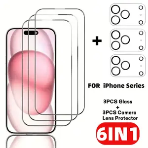 6-in-1[3pcs HD Screen Protector+3pcs Camera Lens Protector] For iPhone 17 Air/17 Pro Max/17 Pro/17/16E/16/15/14/13/12/11/Pro Max/Plus/Pro/13 Mini/12 Mini,Ultra HD,9H Hardness,Scratch Resistant,Anti Fingerprint,Edge Protection,Easy to Install