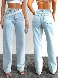 Women’s High Waisted Straight Leg Jeans ✨ Trendy Light Wash Denim Pants with Asymmetrical Waist | Y2K Aesthetic Streetwear Wide Leg Jeans