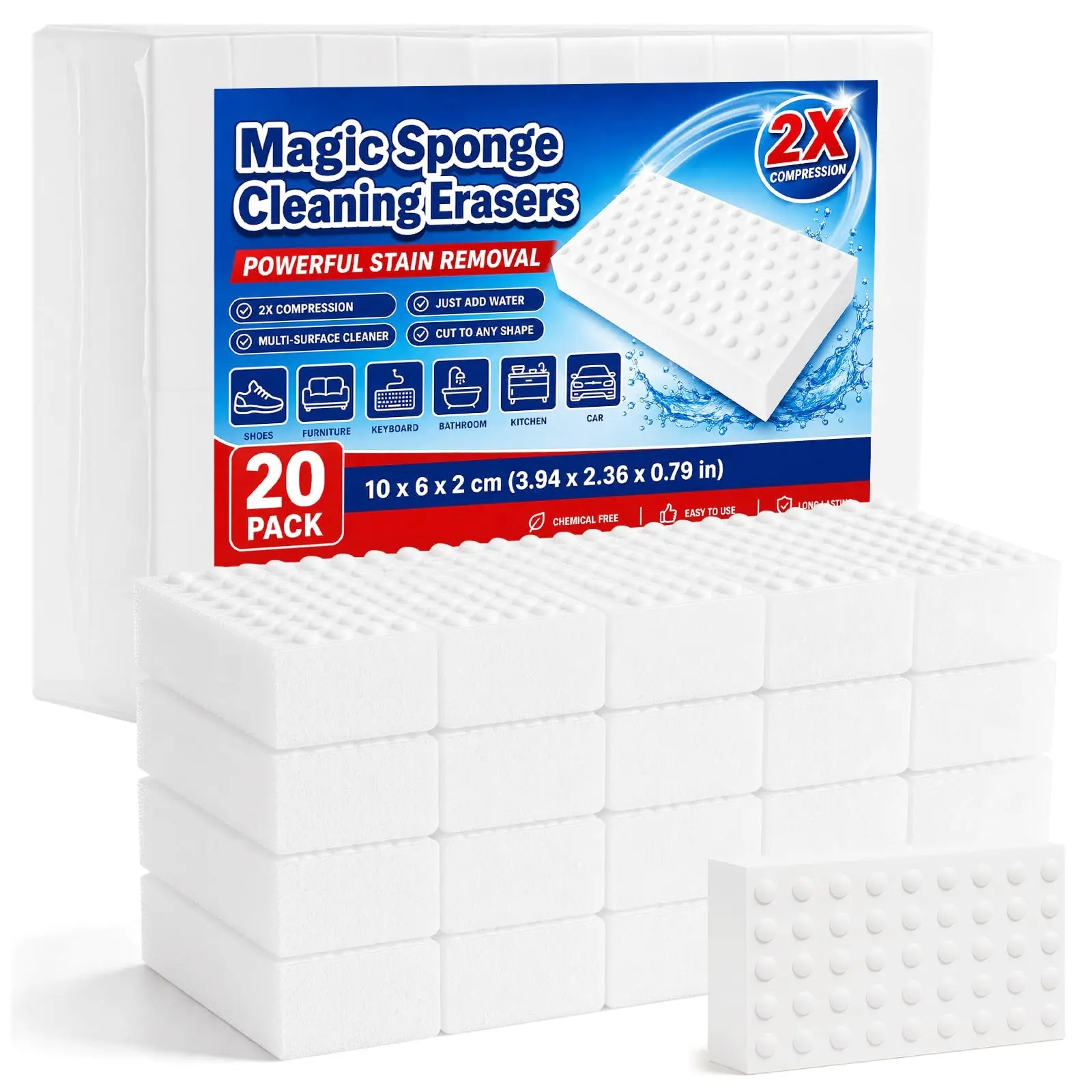 20 Pack 2X Compressed Magic Eraser Sponge, Thick Melamine Cleaning Sponge Multifunctional Compressed Sponge Removes Dirt, Grease, Crayon Marks, For use in Kitchen, Bathroom, Wall Surface, Sink, Car