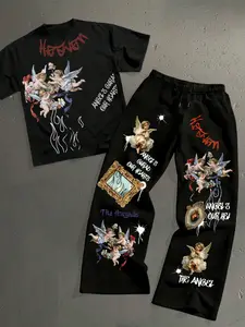 Unisex Matching Set: Angel Guard Hearts Graphic Tee with Coordinating Joggers, Y2K TikTok Casual Fashion for Teens and Young Adults
