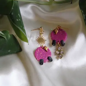 Crystal ball asymmetrical polymer clay earrings