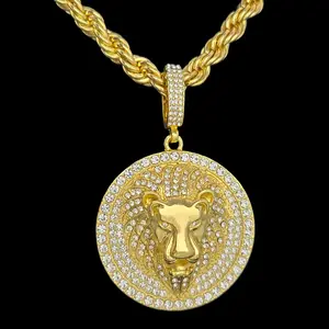 MaxBling81 Men's Lion Head Cubic Zirconia Medal Pendant & 8mm 24 in Thick Rope Chain Necklace - High-Quality Polished Bling Stylish Accessory for Daily Gifts