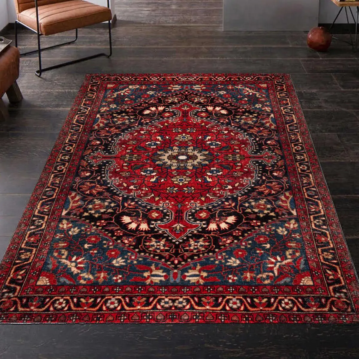 Special Red Blue Area Rug Carpet Machine Washable Mat Living Room Vintage Style Classic Oriental Traditional Persian Moroccan Boho