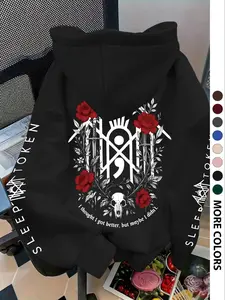 Women's Skull Rose Print Hoodie, Casual Loose-Fit Sweatshirt, Thick Kint Fabric, All-Season Home Wear, Unisex Design
