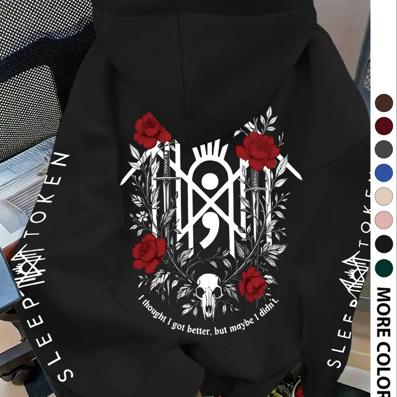 Women's Skull Rose Print Hoodie, Casual Loose-Fit Sweatshirt, Thick Kint Fabric, All-Season Home Wear, Unisex Design
