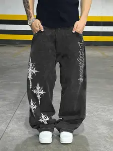 Gothic Cross Print Wide Leg Dark Flares Jeans, Street Style, Daily Wear, Loose Fabric, Dark Inspiration Design, Unisex Fashion Item