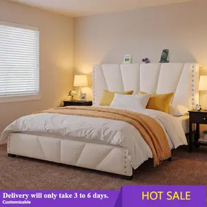 King Size Bed Frame, Velvet Bed Frame with Headboard and Led Light, Platform Bed Frame for Bedroom Apartment,