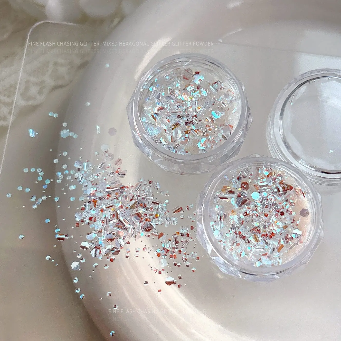 4 Jars Mixed Hexagonal Nail Glitter Powder, Shiny Silver & Iridescent Flakes for 3D Nail Art, Sparkly Manicure Decor for DIY & Salon Use