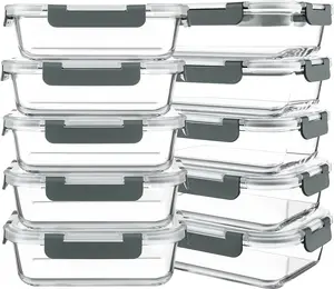 10 Packs 30 oz Glass Meal Prep Containers,Glass Food Storage Containers with Lids,Airtight Glass Lunch Bento Boxes,Microwave,Freezer and Dishwasher,Gray