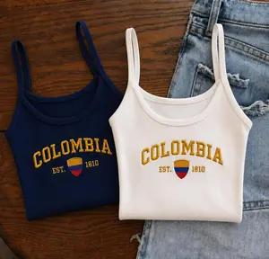 [Made in US] Colombia Flag Embroidered Tank Top for Women | Ribbed Crop Cami, Soccer Fan Game Day Outfit, Y2K Summer Top