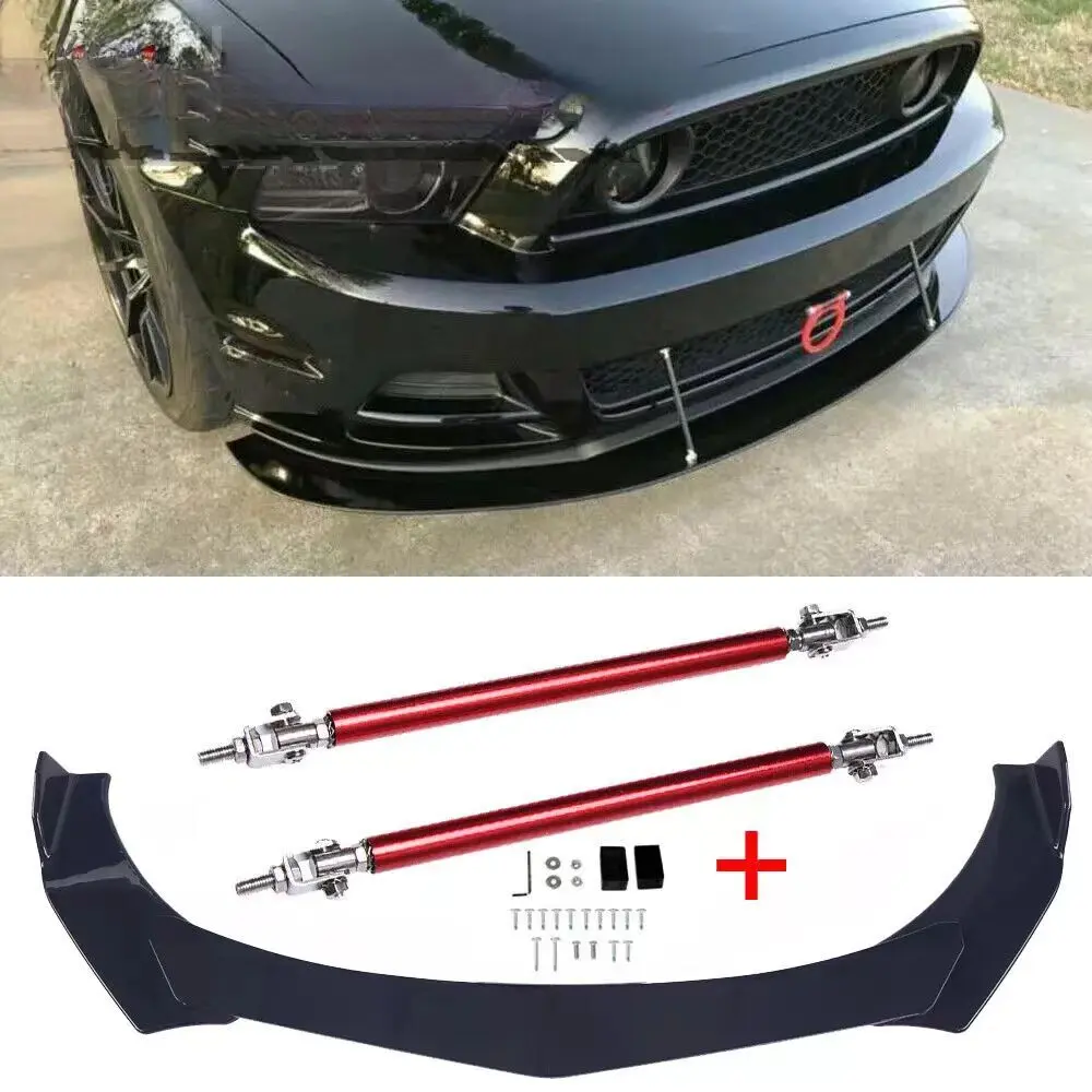 Adjustable Custom Black Stainless Steel 6"-11" ABS Bumper Sporty Chin Lip Splitter Spoiler with 2 x Strut Splitter Rods, Car Exterior Accessory for Ford Mustang 2005-2014, Correct Connector No Cutting or Splicing, Easy Install & Durable Use, Exact Fitment