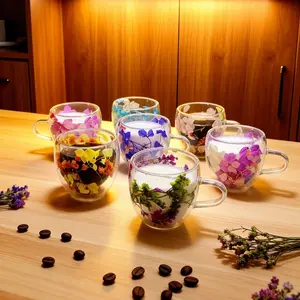 6pcs 80ML Coffee Cups with Handles, Flower-Filled Glasses for Espresso, Cappuccino, Milk, Tea, Kitchen Supplies, Gift Ideas