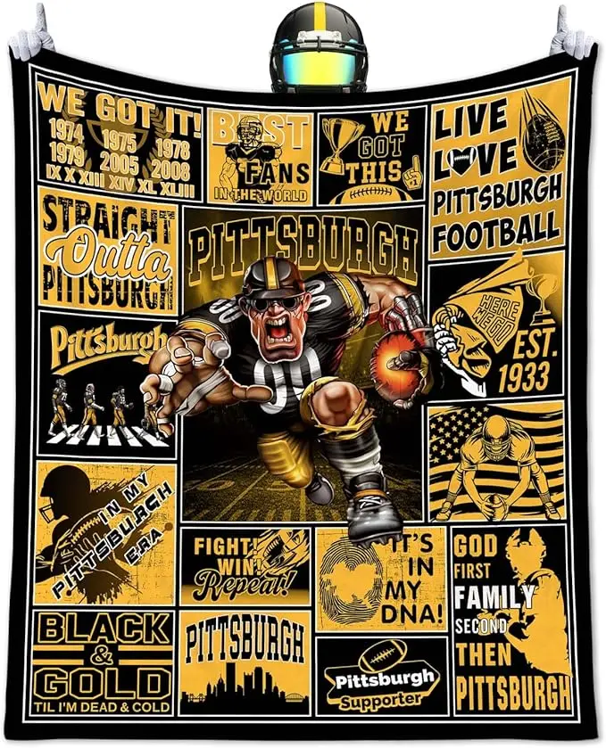 P.ittsburgh Flannel Blanket, Black Gold Football Fan Throw Blanket, Steel City Blanket, Soft Cozy Throw for Sofa Couch Bed, Game Day Home Decor, Vintage Football Lover Gift for Men Women, Warm Flannel Blanket, Pittsburgh Fan Gift