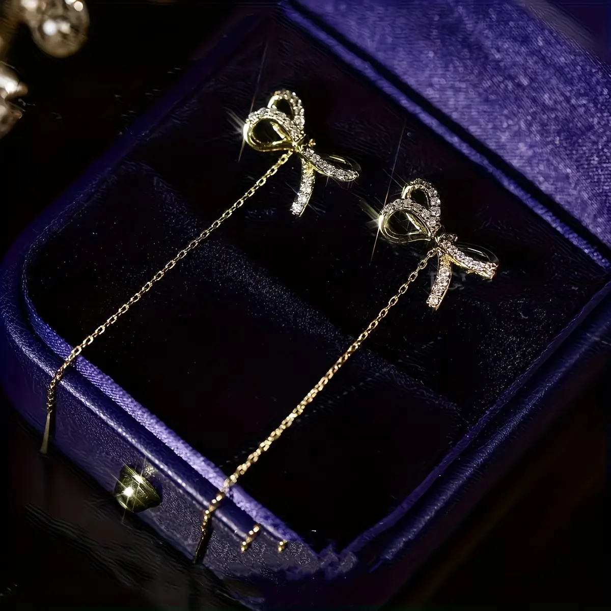 Elegant Golden Bow Tassel Linear Dangle Earrings for Women - Stainless Steel Posts with Imitation Zircon - Perfect for Daily Wear Parties Banquets & Valentine's Gifts - Versatile Holiday Jewelry Set of 2