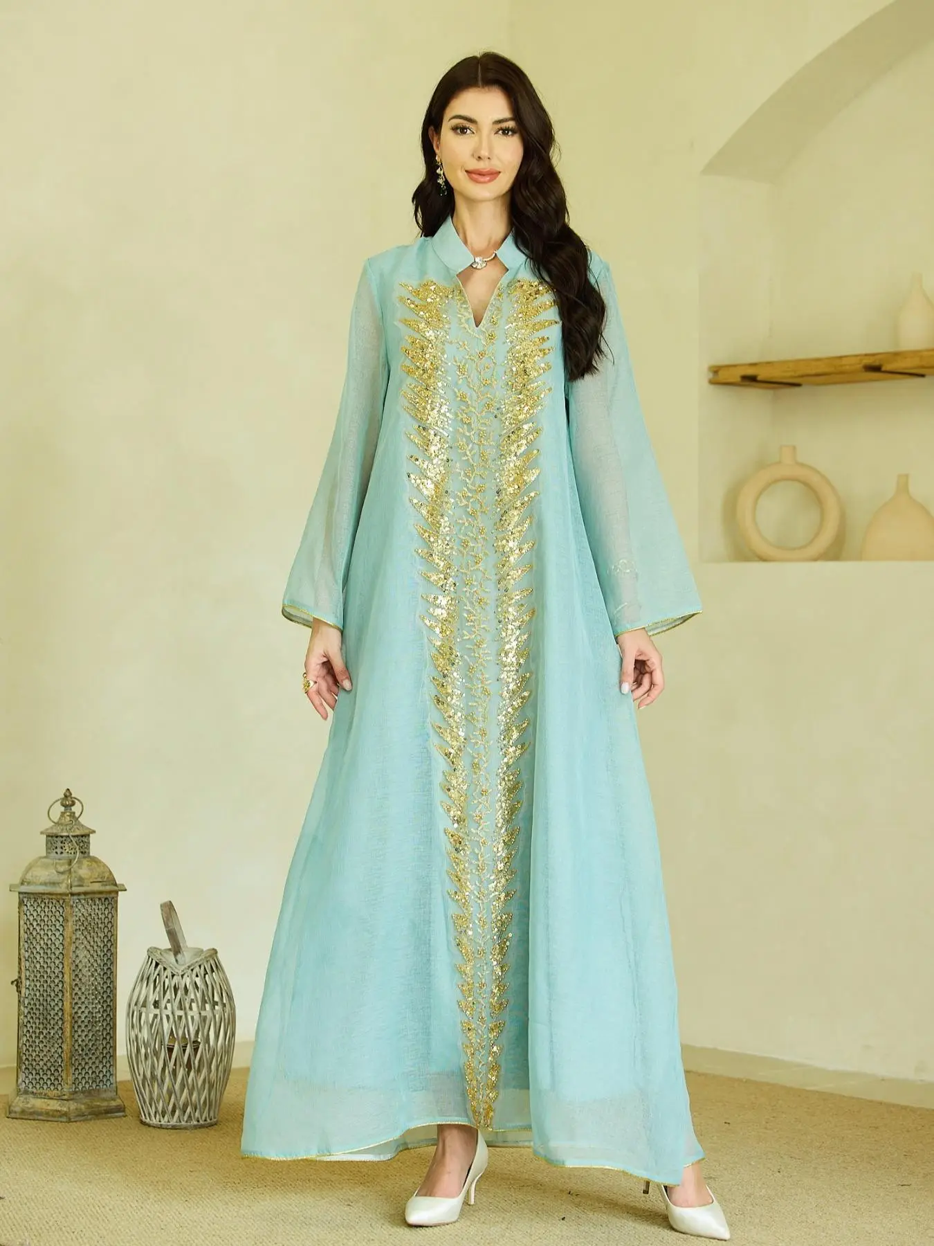 Women's Glitter Sequin Embroidery Long Sleeve Abaya, Elegant Open Front Maxi Muslim Dress for Party Wedding Guest, Ladies Islamic Clothing for All Sea