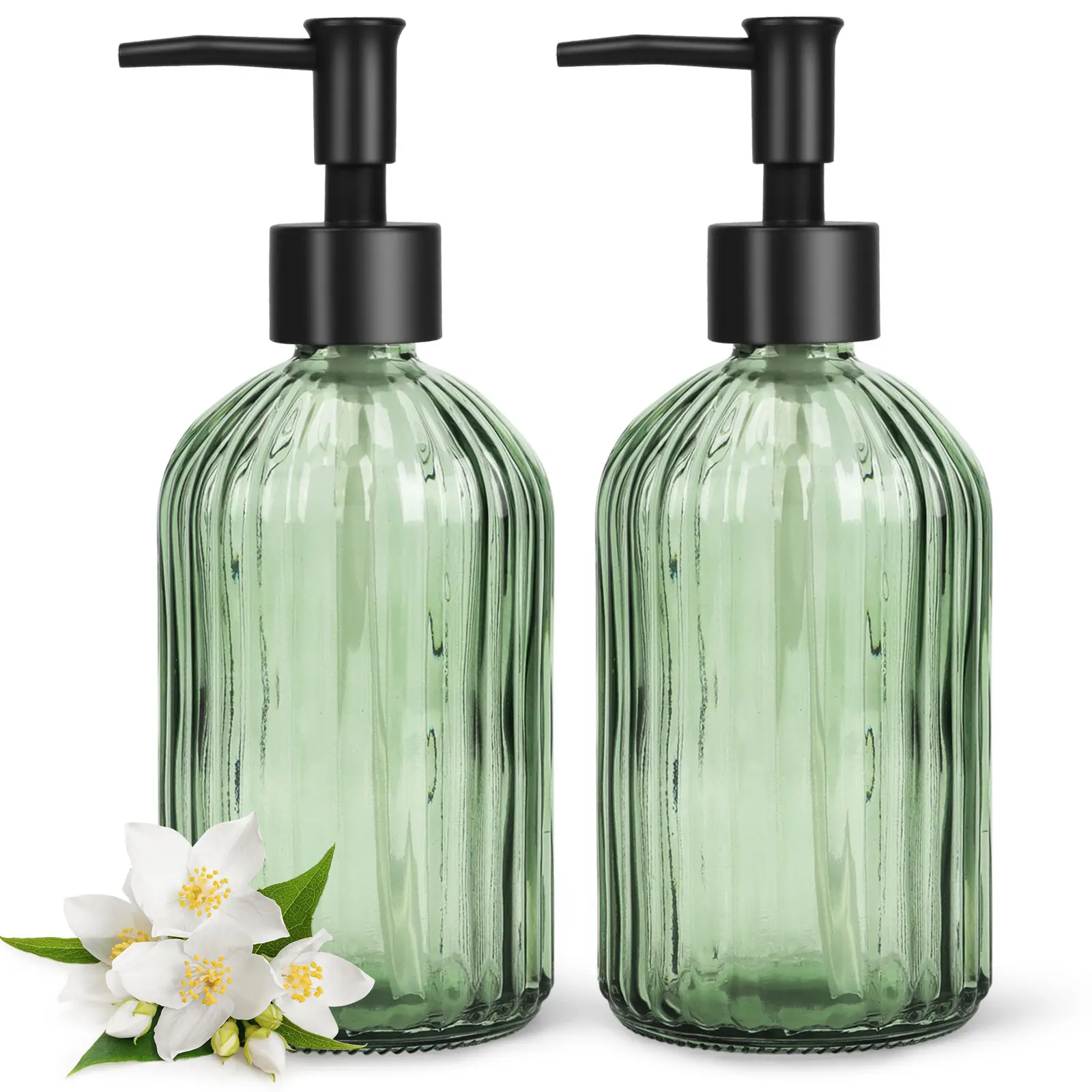 2 Pack Glass Soap Dispenser with Plastic Pump, 400ml Liquid Hand Soap Dispenser, Rustproof Pump for Kitchen & Bathroom, Great for Lotions, Essential Oil, Liquid Soaps,Army Green