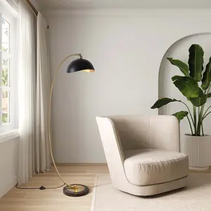 Luna Bella Chairside Arc Floor Lamp - 60", Weathered Brass & Matte Black/Gold-Leaf Shade, On/Off Step Switch, Marble Base