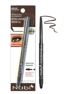 Nabi Waterproof Glide Eyeliner Pencil Dark Brown - Smudge Proof 24H Long Lasting with Smudger & Sharpener