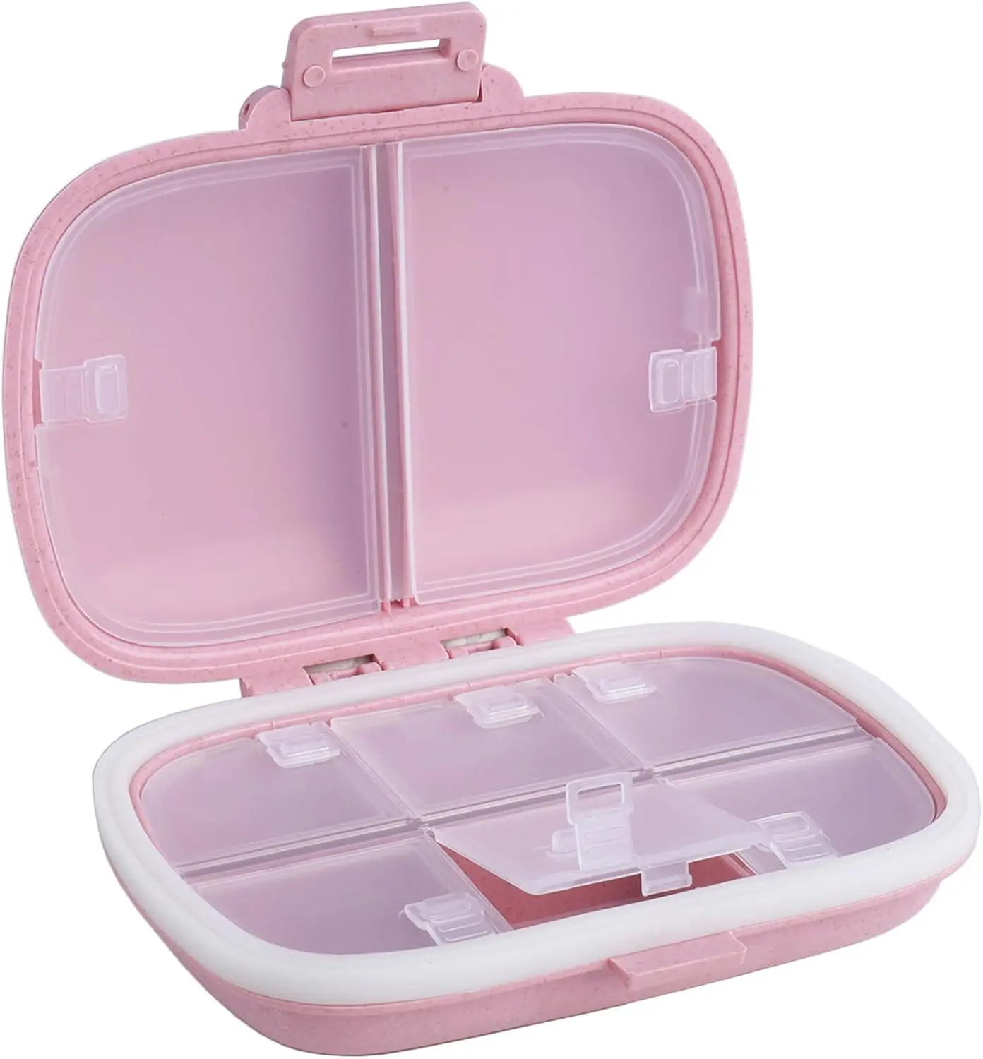 Nail-Friendly Small Pill Case with 8 Compartments for Travel, Daily Use, and Vitamins - Portable Medicine Organizer in Pink