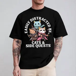 Funny Cats Side Quest Distracted Tabletop T-Shirt, RPG Games Tee