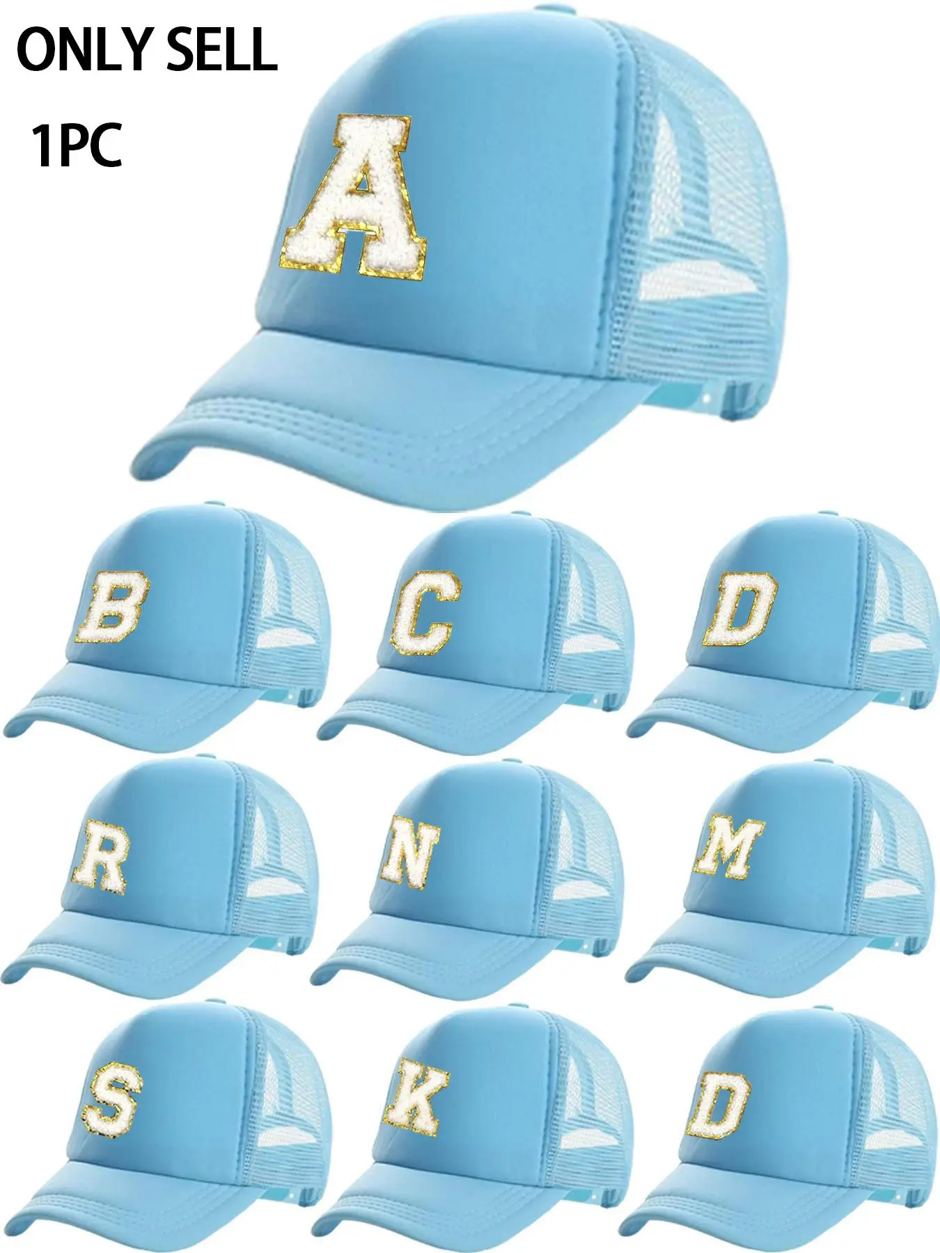 Custom Letter Light Blue Trucker Hat, Baseball Cap Adjustable, Unisex Versatile Soft Top Mesh Breathable Cap, Outdoor Sun Protection Hat, Street Casual Sports Cap, Athletic Hats, Breathable Comfort  Face-Slimming Design, Personalized Cap