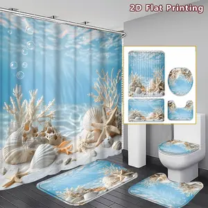 4PCS Oceanic Treasures Shower Curtain set, Serene Blue Sea with Seashells and Corals Bathroom Decor, Accessories with Bath Mat, U-shaped Mat, Toilet Lid Cover, 12 Hooks 180x180cm Curtain, Sea Lover, Home Decor, bathroom accessories